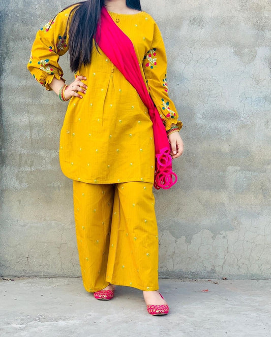 Bouti embroidered round linen shirt with embroidered flapper 2PC dress for women in Pakistan